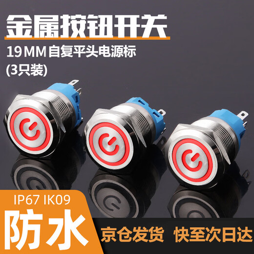 Tianshili 19mm metal button switch with light, self-resetting flat head, waterproof ring power switch for machine tool equipment, self-resetting power supply label 220V red (3 pieces)
