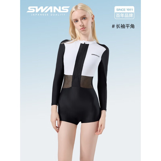 SWANS new product swimsuit women's long-sleeved sun protection 2025 new boxer one-piece swimsuit bathing in hot springs to cover the flesh and slimming swimsuit black and white long-sleeved M
