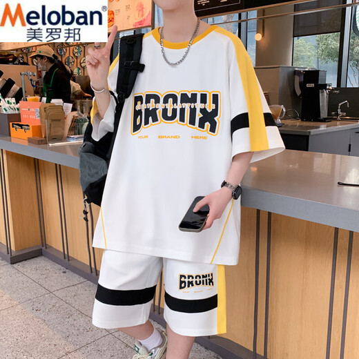 
Meiluobon MELOBAN Summer New Casual Sports Set Boys Hong Kong Style Loose Matching Trendy and Handsome Shorts Shorts Two-Piece Set 687 Black M Reference 80-100Jin [Jin equals 0.5 kg]