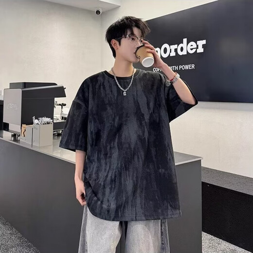 POUM美式复古扎染短袖t恤男士夏季潮牌ins宽松百搭休闲五分袖 CQS-1476白色 XL