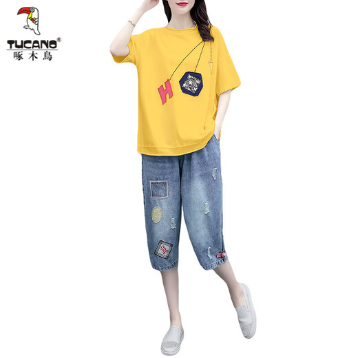 啄木鸟休闲牛仔裤套装女2025夏季新款韩版时尚宽松大d码两件套气质显瘦 牛仔裤 (单裤子) L (建议100斤以内)