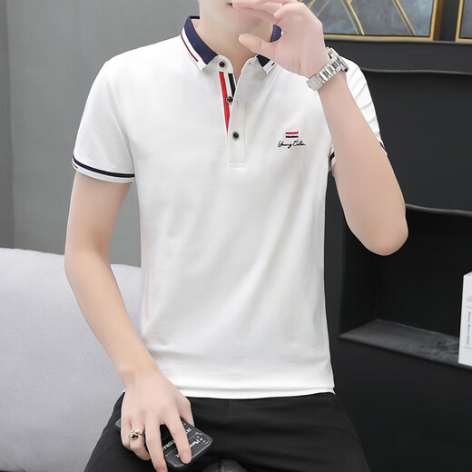 
2025 summer lapel short-sleeved casual Polo shirt for men's trendy business slim half-sleeved T-shirt pure cotton shirt collar pink Q672 3XL handsome new style