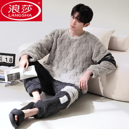 浪莎（LangSha）珊瑚绒睡衣男冬季加厚加绒秋冬款长袖法兰绒男孩青少年家居服套装 RK:12014#男 L (100-130斤)
