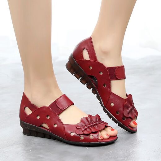 Fan'an Mother Shoes Sandals for Women Summer Flat Sole de cuero de mediana edad genuina cómoda tendón de carne de res zapatillas bucas de pescado de mediana edad y anciana A5012 Negro 35