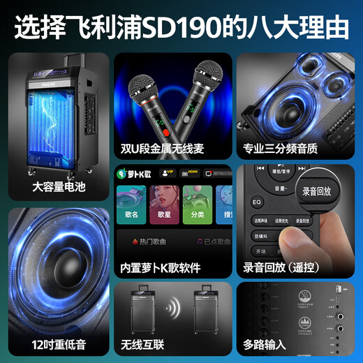 Philips square dance audio outdoor stage high-power mobile portable trolley commercial conference speaker wireless Bluetooth high volume karaoke amplification with dual microphone SD190 karaoke system + horn tweeter
