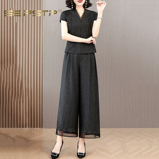 
Xiadian Sutra Queen (SE.PSTP) Xiangyunsha Set Women's 2025 Summer New Style Temperament Slimming Belly Mom's Wide Legs Two-Piece Set Black 1416# XL [101-115Jin[Jin equals 0.5 kg]]