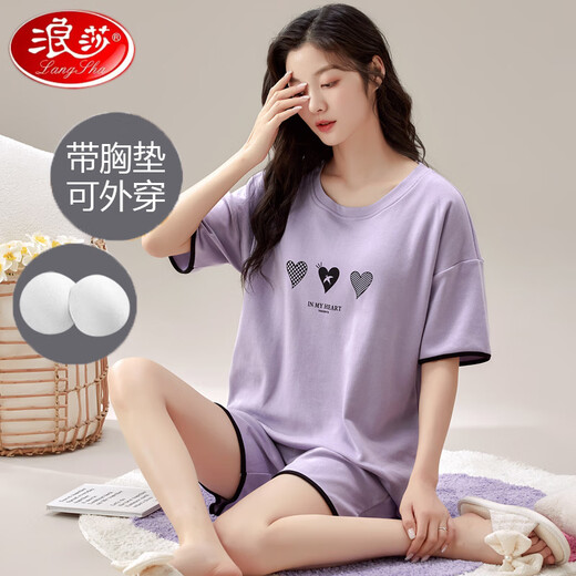 浪莎（LangSha）高档女士短袖睡衣套装带胸垫一体纯棉大码薄款可外穿家居服 1047 M (建议75-95斤)