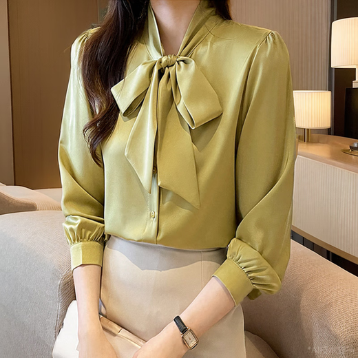 娇碧芙职业气质飘带衬衣女高级感通勤春夏广东普宁法式衬衫长袖蝴蝶结 蓝色9276款 S _80至95斤
