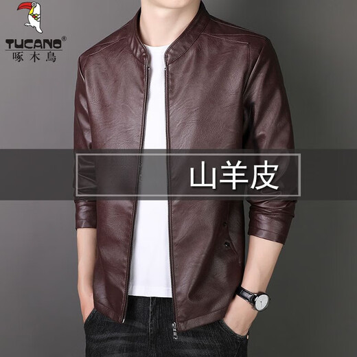 Woodpecker (TUCANO) men's brand high-end official 2025 new Haining genuine leather jacket men's slim-fit stand-up collar goatskin jacket casual pure black strong and soft spring and autumn style XL 180 recommended 125-140 Jin Jin equals 0.5 kg