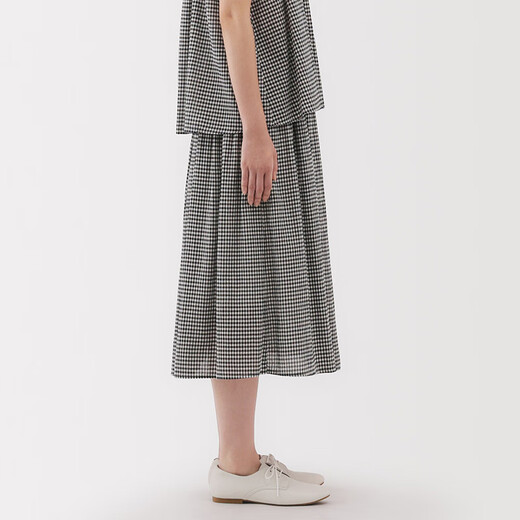 无印良品（MUJI）女式 强捻 抽褶裙 长半身裙女裙子女装格子裙25年夏季BE1VEC5S 黑色格纹 M （160/66A）