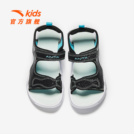 ANTA Children's Sandals Men's Big Children's Shoes 2025 Summer New Velcro Outdoor Open-Toe Soft Elastic Beach Shoes Black/Lake Blue-3 40