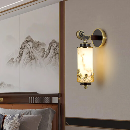 Recordando el pasado, el nuevo estilo chino de cobre más madera lámpara de pared retro sala de estar lámpara decorativa lámpara de pared lámpara de pared al estilo chino salón de té sala de estudio 7029b/cobre + madera + piedra de nube de imitación piedra