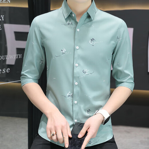 L Lilang's [Brand Brochure Code Break] Seven-Class Sleeve Shirt Men's Ice Silk Short Sleeve Slim Trendy Smooth Shirt 684 Blue L 105-120Jin [Jin equals 0.5 kg]
