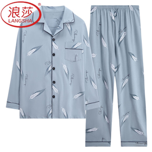 LangSha pajamas men's pure cotton long-sleeved spring and autumn thin casual loose plus size men can wear home clothes suits with gray wheat ears + 834 abstract plaid (long sleeves) L [Suggested 90-120 Jin [Jin equals 0.5 kg]]