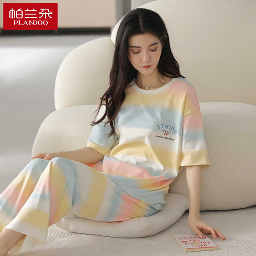 浪莎2025年睡衣女春夏季纯棉短袖长裤薄款韩版可爱彩虹撞色家居服套装 Z9712 M码[建议80-100斤穿] 均码