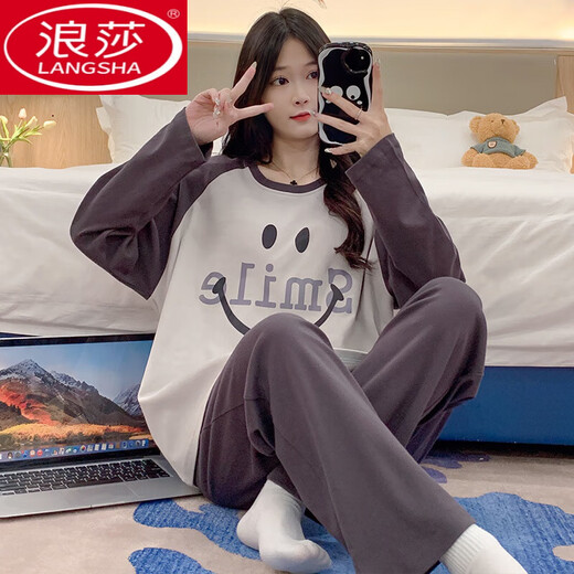 浪莎（LangSha）睡衣女春秋季长袖套装夏天2025新款女士简约可爱宽松秋款家居服 16802 M 【75斤-100斤】