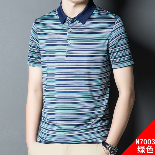 Dancing with Wolves Ice Silk T-shirt Men's Short Sleeve Summer Thin Collared Cross-Stripe Flush Top Cool Silky T-shirt POLO Shirt SJ1503 Camel M 165