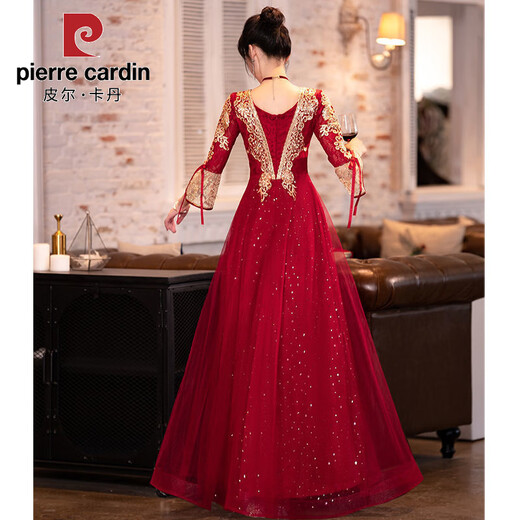 Pier Cardin Toasting Anzug Braut 2025 Neue Sommer Burgund Chinese Langarmed Wedding Engagement Kleid für Frauen Burgund mittelgroß [684] 3xl