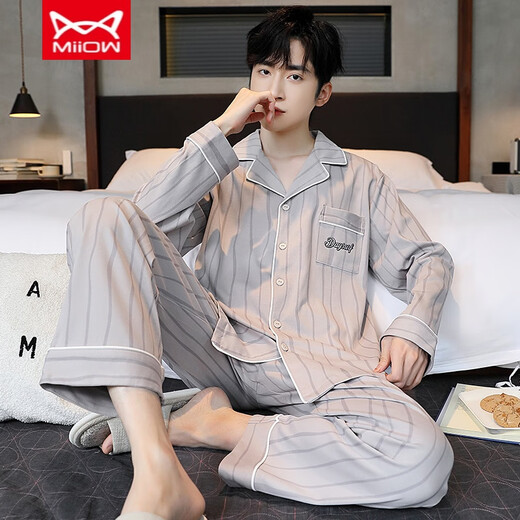 Catman Miiow Spring and Automne Pyjamas for Men Cotton Pure Cotton Lutte Large Taille pantalon à manches longues décontractées Le style d'été et d'hiver peut être porté à l'extérieur pour les vêtements à domicile omm12004 L (recommandé 100-130jin [Jin est égal à 0,5 kg]))