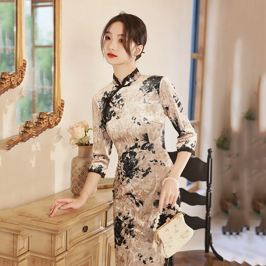 风海有夏老上海国风新中式长款改良旗袍2025新款女复古修身中长袖日常可穿 SC13566咖 S