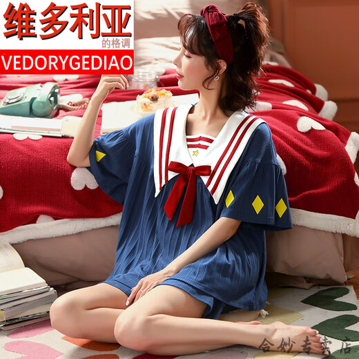 维多利亚的格调品牌夏季睡衣女士纯棉短袖薄款可爱韩版公主风甜美两件套装春秋家 米杏色 GXT6636图色 M (建议75-95斤)