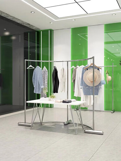 艾风格服装店展示架弧形中岛架货架落地新款不锈钢半圆男女装挂衣服架子 长100*高15051粗底座