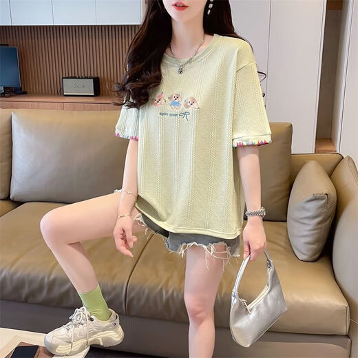 AEMAPE夏装女装刺绣白色短袖T恤女2025新款夏季小个子上衣夏天衣服 KM9277-蓝色 M 建议80-110斤