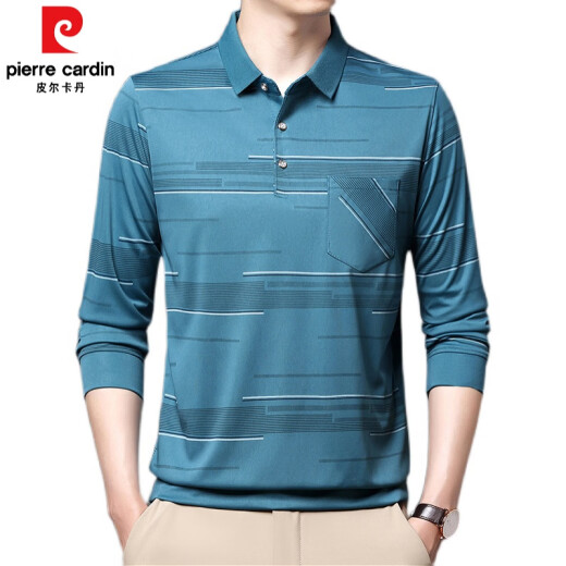 Pierre Cardin Summer Ice Silk Camiseta para hombres Springe Long Spring y Autumn New Style Ody Middle and Anday Men's Flin Style Daddy's Pocket Camiseta B753 Horizontal Strip Green XL 175/115/52