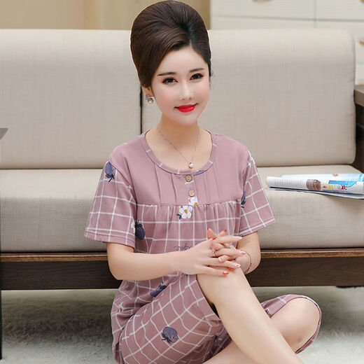 Pajama madre de mediana edad para mujeres en verano algodón puro pantalones cortados de manga corta más grasa más ropa de gran tamaño para el hogar Traje de mediana edad y ancianos T3937 2XL (135-155Jin [Jin equivale a 0.5 kg])