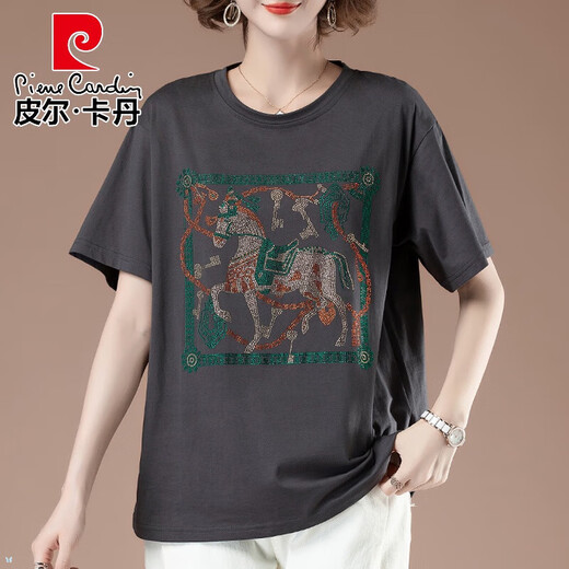 皮尔卡丹（pierre cardin）胖肥显瘦短袖T恤女士夏季大码宽松百搭烫钻中年妈妈时尚薄款上衣 黑色【9896款】 L 100-115斤