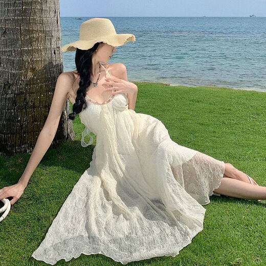 Wei Guangli Vestido de cabestro de cuello sin cuello sin cuello sin cuello para mujeres en verano 2025 Nuevo temperamento dulce Vacaciones marinas Chiffon Falda larga Halter de cuello redondeo Falda de cuello Beige M Size recomendado 80-100 Jin [Jin iguala 0.5 kg]