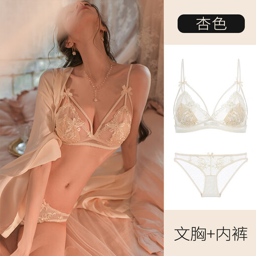 QBILY Bra Set Sexy Big Breast Showing Small Underwear Thin Bra French Pure Desire Lace Wireless Bra Women Lace Set Champagne M(34/75ABC)