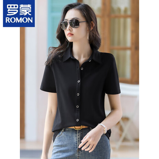 T-shirt à manches courtes Romon pour les femmes 2025 Summer New Pure Cotton Shirt For Women Polo Collar Slim Slim Cardigan Professional à mi-manche 9887 Blue (à manches courtes) S S Recommandé 80-95Jin [Jin est égal à 0,5 kg]