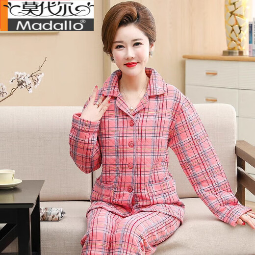 莫代尔春秋冬季中老年中年长袖夹层纯棉睡衣女夹棉加厚款妈妈家居服套装 玫红色 LH3883 3XL 【160-180斤】