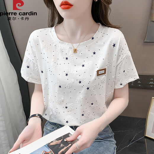 Pierre Cardin reines Baumwolldruck-T-Shirt für Frauen kurzärmeliger Sommer 2025 Neues lous Druckdesign Vielseitig T-Shirt Top Trend 1396 Weiß + 2503 Große Buchstaben M geeignet -109jin [Jin entspricht 0,5 kg]
