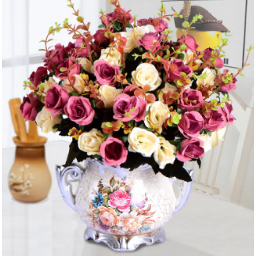 Bouquet de flores simulada en Rong Hongfa Mesa de comedor adornos de la sala del dormitorio Decoración del hogar Plantas de flores falsas Rose rojo + jarrón europeo de doble oreja