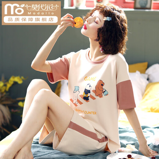 莫代尔睡衣女夏季薄款棉质短袖少女士夏天卡通可爱套装春秋冬家居服外穿 酒红色 SKM6621 M (建议75-95斤)