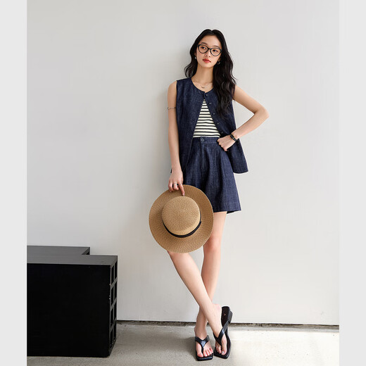 Vanciman Old Qianfeng Dunkelblau Denim Anzug für Frauen 2025 Sommer Neue ärmellose Top-Shorts Zweiteiler Set M9767 Dark Denim Blue M.