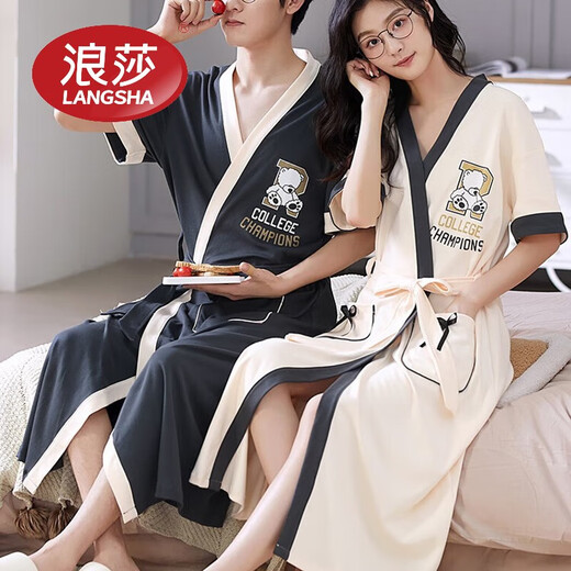 LangSha brand new nightgown couple pajamas for men and women for all seasons pure cotton bathrobe style spring and autumn men's long bathrobe SD2264 long-sleeved style XL male recommended 120-140Jin Jin equals 0.5 kg