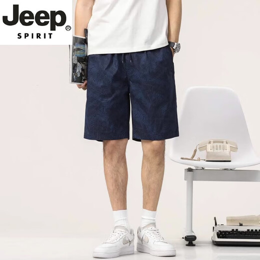 
JEEP SPIRIT light luxury high-end men's shorts for summer thin loose cotton printed beach casual five-point mid-pants men's new product 9215 Navy L [111-125Jin[Jin equals 0.5 kg]]