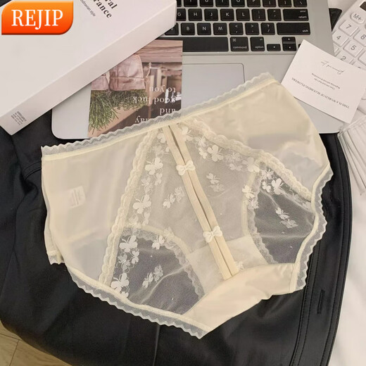 REJIP性感内裤女士桑蚕丝裆2025新款法式纯欲蕾丝镂空女生夏季薄款短裤 Y3899-灰色 XL 120-140斤
