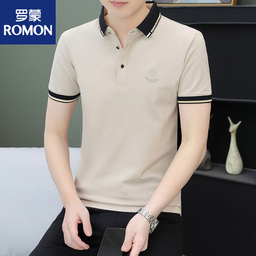 罗蒙（ROMON）翻领刺绣polo衫3D凹凸帽夏季纯棉短袖t恤男装商务休闲绣花衫 杏色724款 SP翻领 M 85-110斤