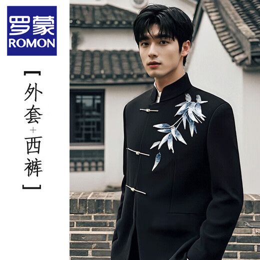 ROMON New Chinese tunic suit groom wedding suit toasting suit retro Tang suit Chinese style jacket black three-piece suit jacket + pants + white shirt L