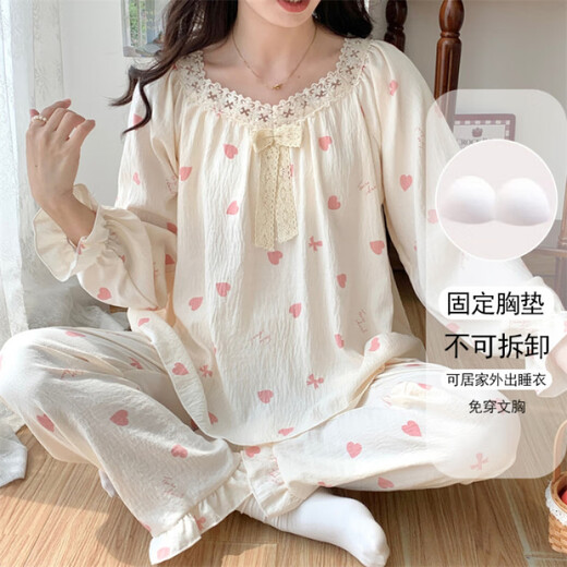 Ziweiqi süße Spitzenspitzen-Wolkenwolkenpyjamas für Frauen mit Brustpolster Spring Prinzessinstil Langarmed Home Clothing Set XF-679# Tulip 170 m Empfohlen 80-100