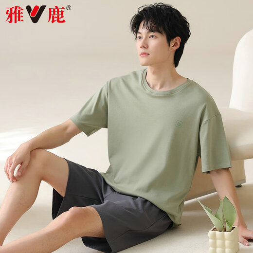 雅鹿男士睡衣男纯棉夏季薄款短袖全棉可外穿休闲大码男生家居服套装 42M13601 3XL 【推荐体重160-180斤】