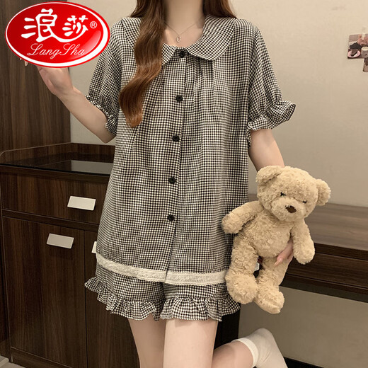 Langsha (Langsha) Pyjamas mit Brustpolster für die Kurzärischung von Frauen in der Kurzärmelung von Tianshi Coton Plaid.