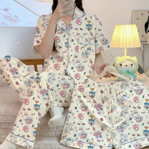 Pajama de primavera y verano de Hanrui para mujeres seda de seda de leche de dibujos animados de tres piezas ropa casera 14118 170 m