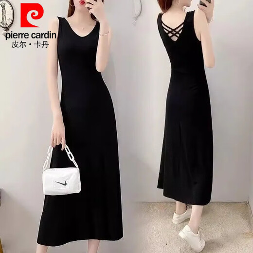 皮尔卡丹（pierre cardin）莫代尔面料2025夏季新款美背显瘦气质修身连衣裙长款法式吊带裙女 3880#黑色 3XL 建议【131-145斤】购买
