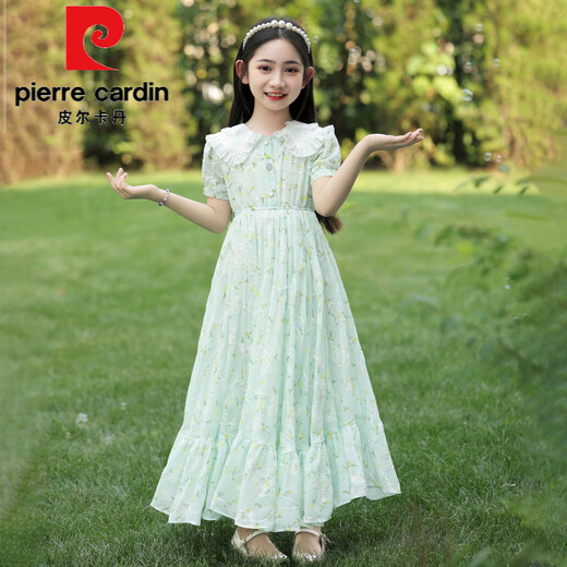 皮尔卡丹（pierre cardin）女童连衣裙夏装2025新款洋气儿童雪纺碎花裙薄款大童夏天棉布裙子 6630绿色 赠珍珠发箍 M 120c