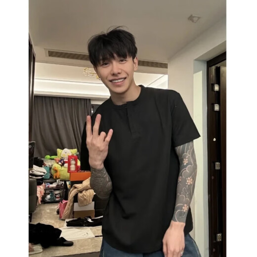 American Henry Neck Short Sleeve T-shirt Men's Summer Waffle Loose Casual Inner Base Shirt Top Gray Y41-YK XL